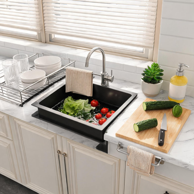 Évier de cuisine encastré à une cuve en acier inoxydable noir de 45,7 cm (18 po) avec bonde à grille et crochet.