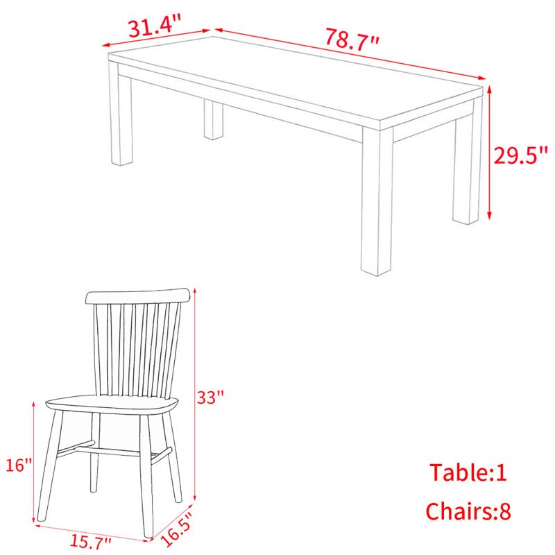 Modern simple solid wood dining table set., 29.5"H x 78.7"L x 31.4"W
