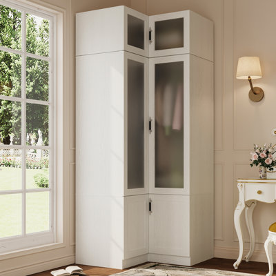 L-Shape Armoire Wardrobe Closet With Frosted Glass Door, 85.9