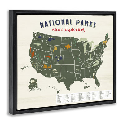 National Parks Map Diagram Black Framed Floater Canvas Wall Art by Daphne Polselli