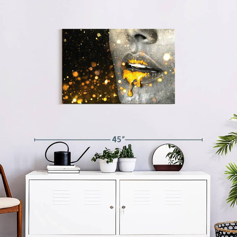 «Gold Glitter Lips Paint Drip» sur toile, H 20 po x l 30 po x P 1,25 po