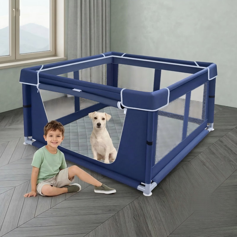 Aire de jeu carrée pour chiots de 42 pouces avec patins absorbants convenant aux canines jeunes et petites, polyvalente pour une utilisation intérieure ou extérieure, enceinte de sécurité durable avec tissu renforcé et filet en nylon à haute résistance