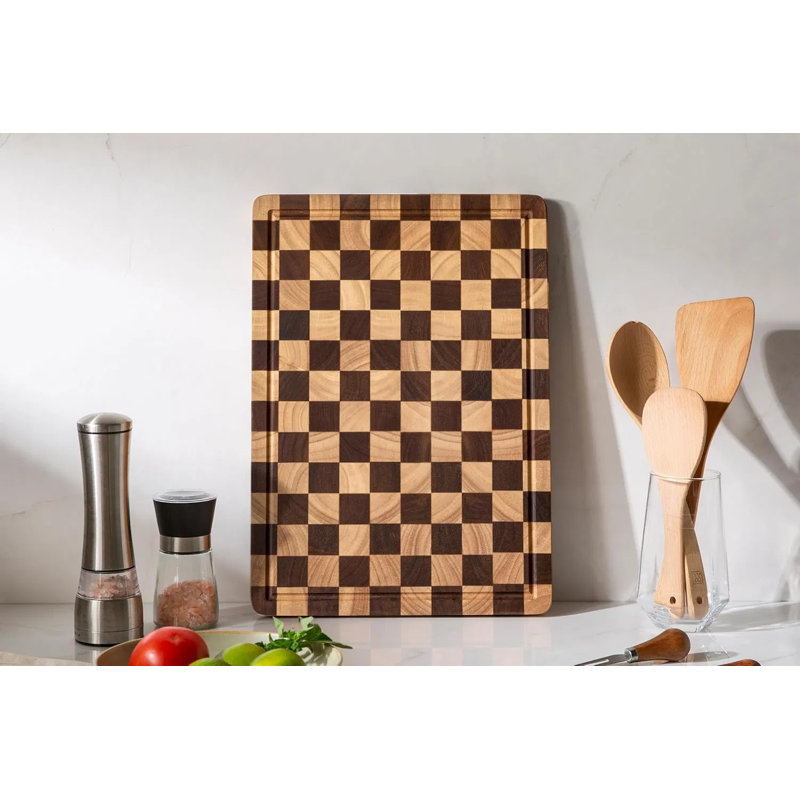Planche à découper à carreaux, planche à découper en bois d'acacia avec rainures et poignées, planche de service de bloc de boucher pour la cuisine, 16,5 po x 11,6 po