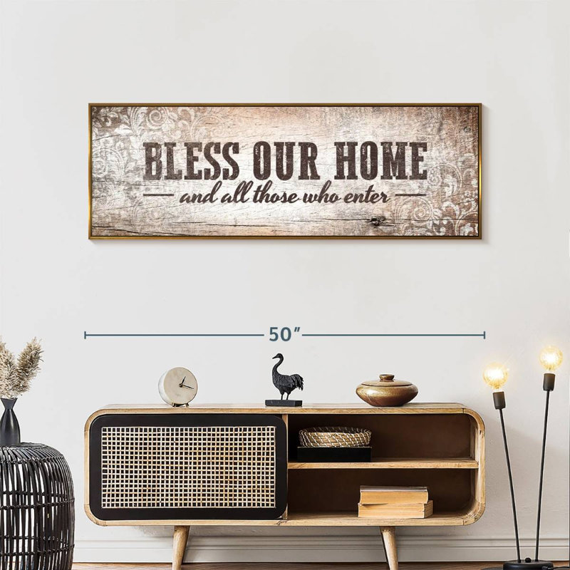 Plaque murale «Bless Our Home», Cadre flottant doré, 49 po x 17 po