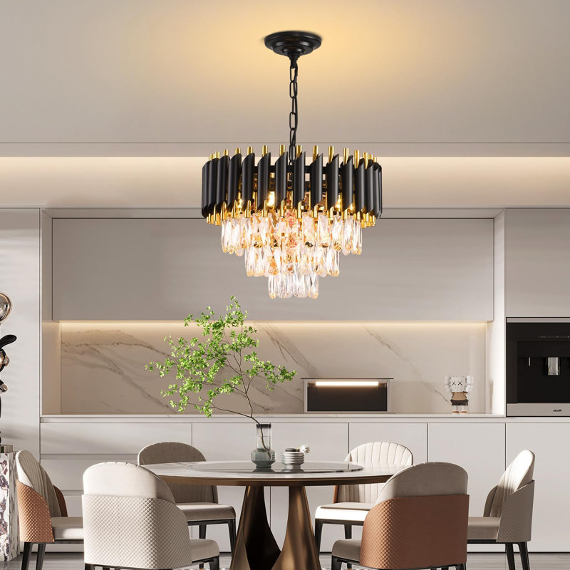 Modern Tiered Crystal Chandelier, Gold/Black, 15.7", E14 Base (No Bulb), Black/Gold