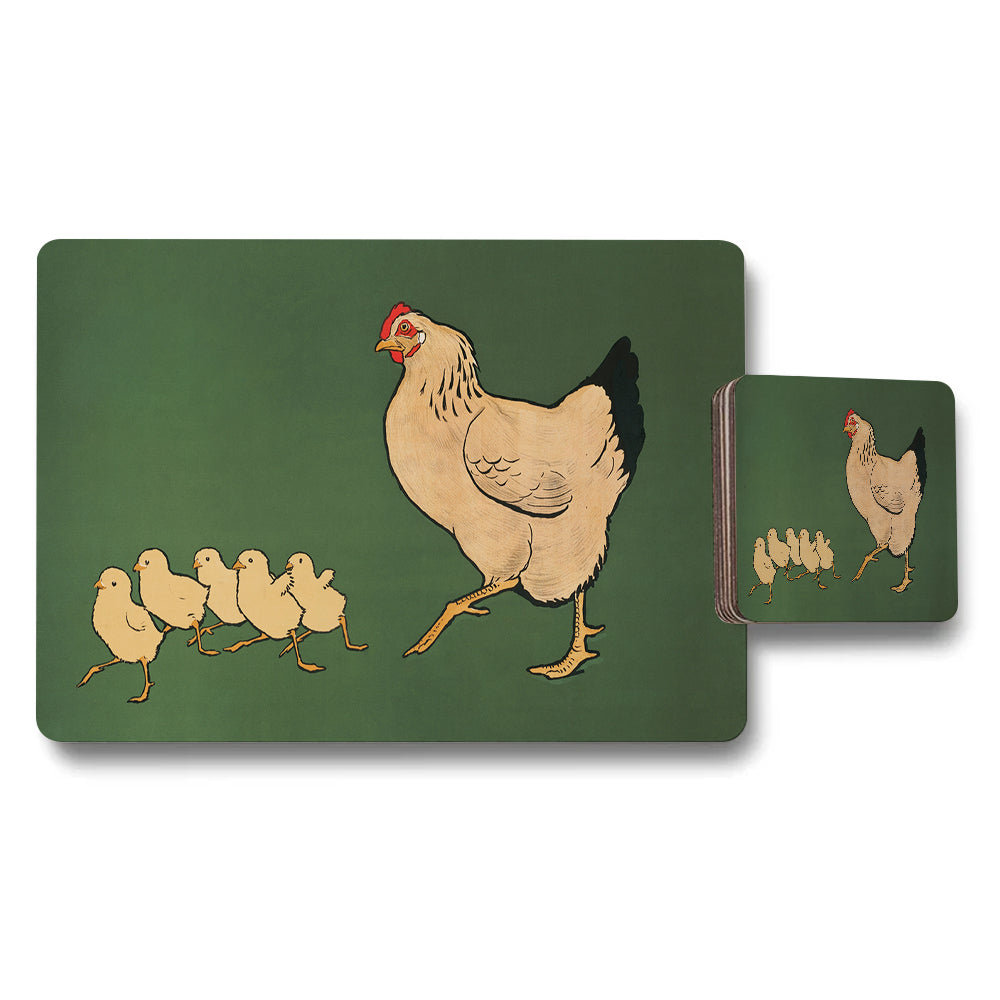 Placemat and Coaster Set With Hen and Chicks Illustration