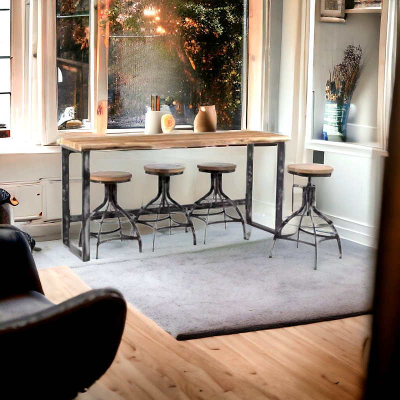 Live Edge Console Table with 4 Adjustable Stools, Made with Solid Wood and Metal, 82x22x36