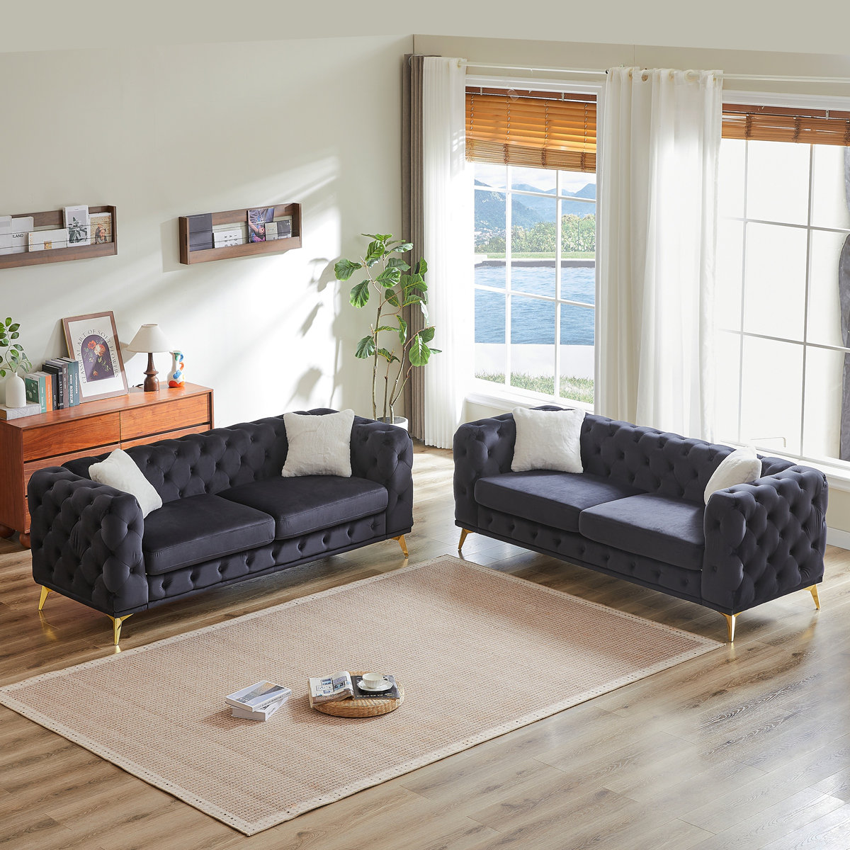 Ivy Bronx FX 3 Seater + 3 Seater Combo Sofa Velvet Modern Living Room ...
