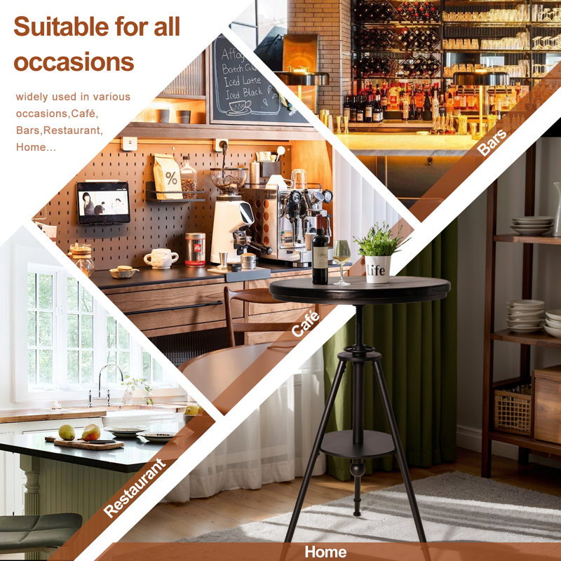 Ensemble de 2, table de bistro industrielle, table de café rétro, table de salle à manger de ferme ronde pour cuisine, table d'appoint rustique, plateau en bois pivotant, hauteur réglable de 33,46 à 39,37