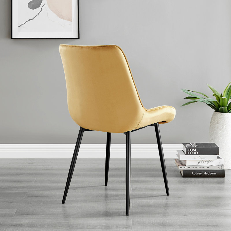 Palermo Velvet Modern Dining Chairs with Tapered Metal Legs & Quilted Diamond Stitching, Black, Mustard