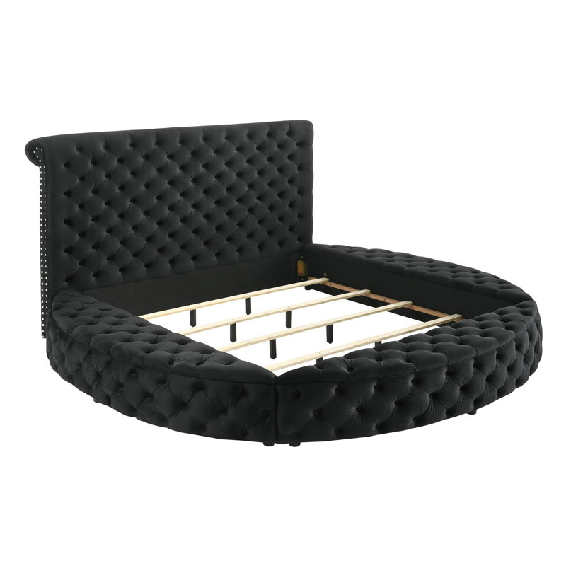 1pc Unique Round Plush Black Velvet Button-Tufted Detailing Storage Bed, King