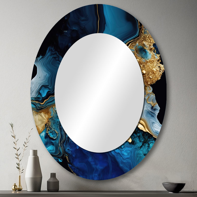 «Quitan», art abstrait en métal à motif géométrique abstrait en marbre doré et bleu IV, 40 po x 30 po, Ovale