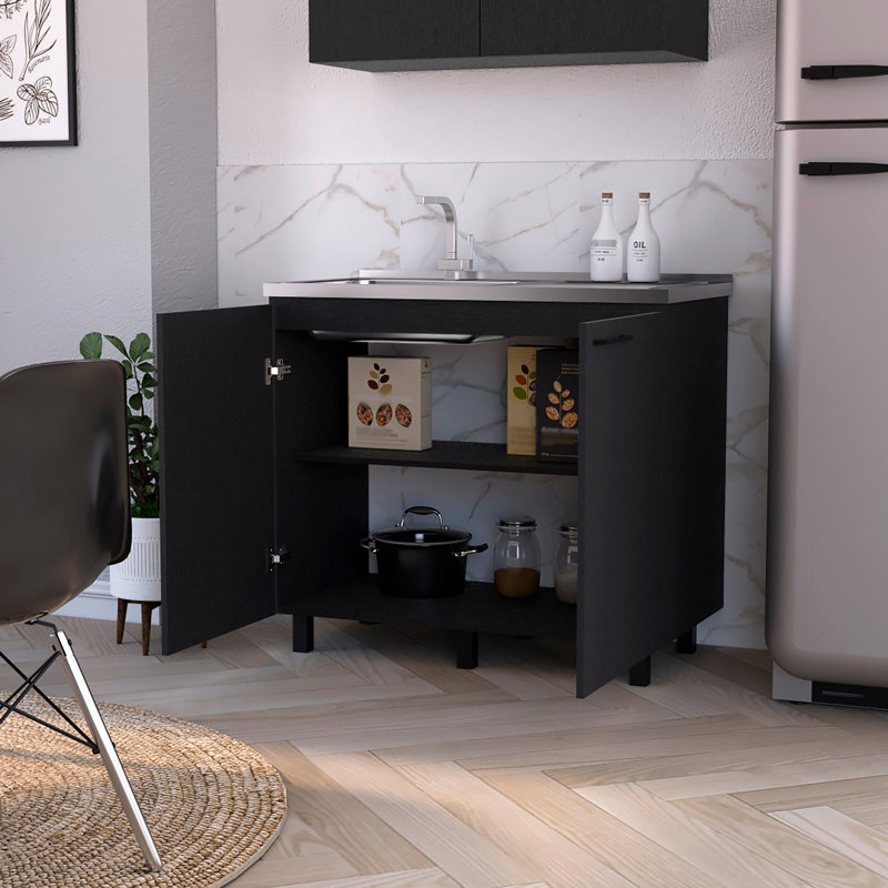 Évier et armoire utilitaire noirs avec portes élégantes avec rangement pratique pour l'espace de cuisine, Noir