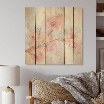 «Pink Blossoms Branch - Shabby Elegance», reproduction d'art murale en bois