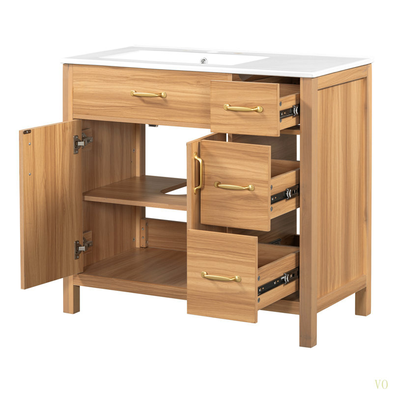 Meuble-lavabo de 36 po en bois avec cadre en bois massif, 2 portes à fermeture douce, 3 tiroirs à fermeture douce, tablette réglable, armoire de rangement moderne pour les petites salles de bain