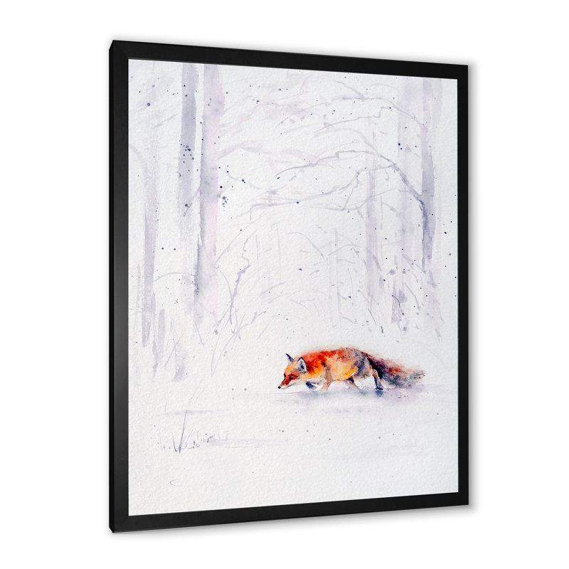 Renard roux courant dans la neige blanche II - peinture sur toile, H 20 po x l 12 po x P 1,5 po, Toile avec cadre noir