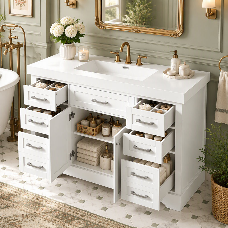 Freestanding Bathroom Vanity with SMC Sink, MDF Cabinet, 2 Doors, 2 Divided Drawers, 4 Storage Drawers, Soft-Close, Adjustable Shelf