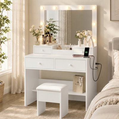 Makeup Vanity Desk with Lighted Mirror Charging Station and Storage Chair