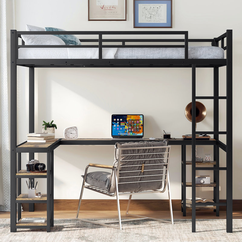 Lit mezzanine avec bureau en noir - Luminaire de chambre à coucher confortable, structure en métal et tablette, Noir / brun