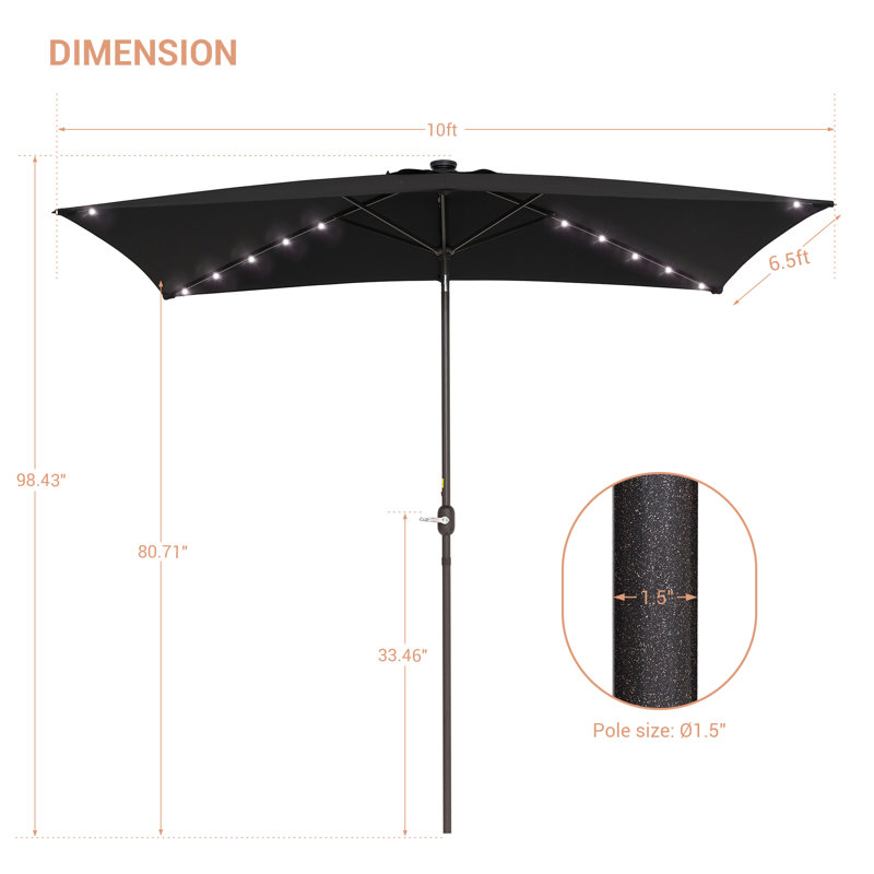 Parasol de marché rectangulaire 10 pi x 6,5 pi Lunsford, Noir, noir, noir, noir