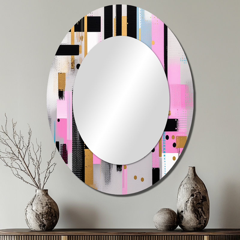Rose doré à rayures audacieuses - Miroir décoratif ovale abstrait sur métal, 40 po x 30 po