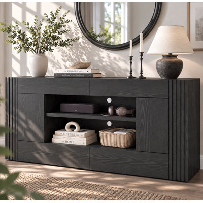 70" TV Stand Media Console For Tvs Up To 80", Modern Entertainment Center with  Storage Cabinets and Open Storage，Black