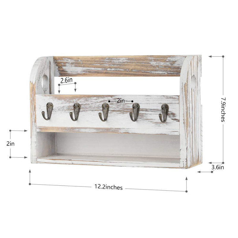 Porte-clés mural avec porte-clés et rangement pour courrier Bibb, Blanc rustique