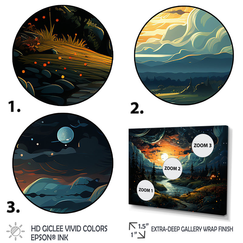 «Dreamy Mountain Scenery At Night I - Winter Landscape», art mural, Cadre de coin argenté fermé, H 30 po x l 40 po x P 1,5 po