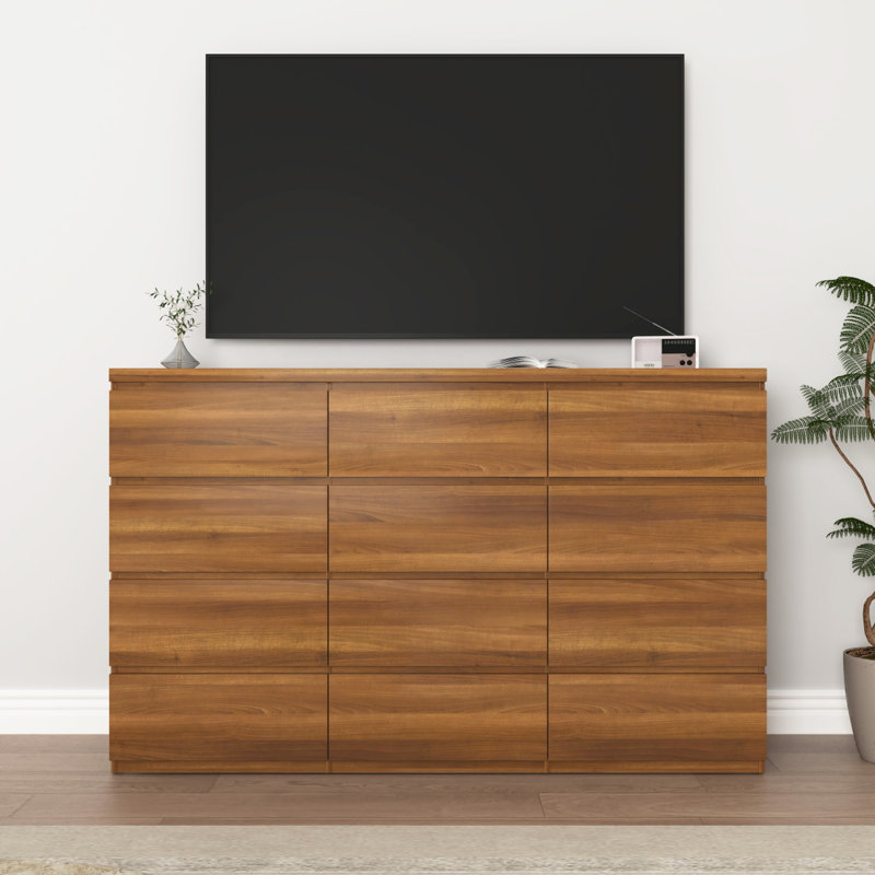 Commode 12 tiroirs double, commode en bois moderne avec grand espace de rangement pour la chambre à coucher, noyer, Noyer
