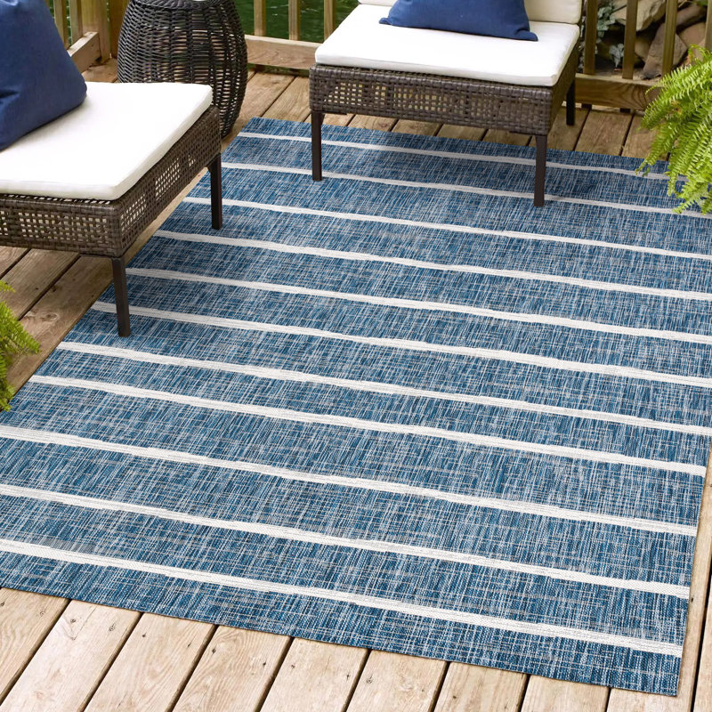 London Berber Stripe Blue/Ivory Indoor/Outdoor Rug, Rectangle 5'2" x 7'5"