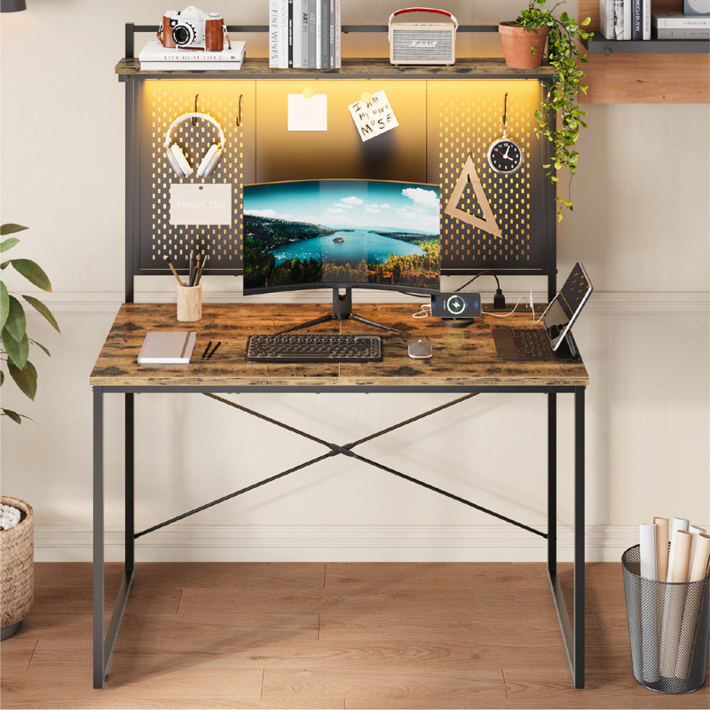 Nedyo 39''W LED Gaming Desk with Hutch and Pegboard, Computer Home Office desks with Power outlet and Shelf, Brown