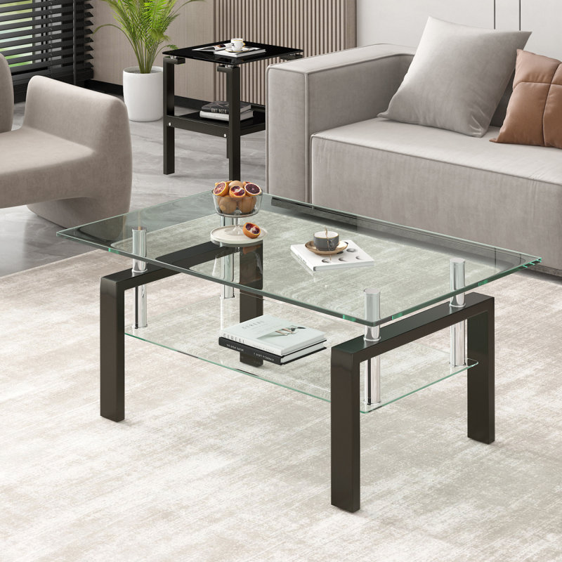 Table basse de salon en verre trempé transparent, 2 couches
