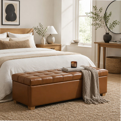 60.2'' Wide Upholstered PU Storage End of Bed Bench, Tufted Flip-Top Accent Window Bench Footrest Stool Ottoman with Legs for Living Room, Bedroom, Entryway, Dining Room, Dorm, Corner, Burnt Brown