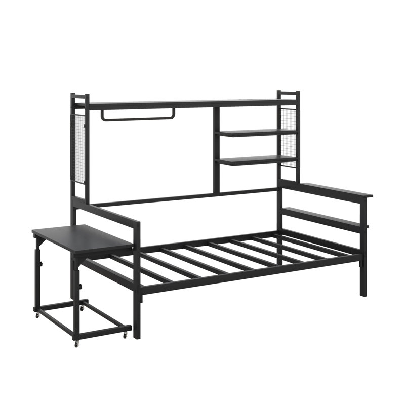 Lit de jour polyvalent en métal avec bureau réglable, grille robuste, tablettes pratiques et support pratique, Lit simple