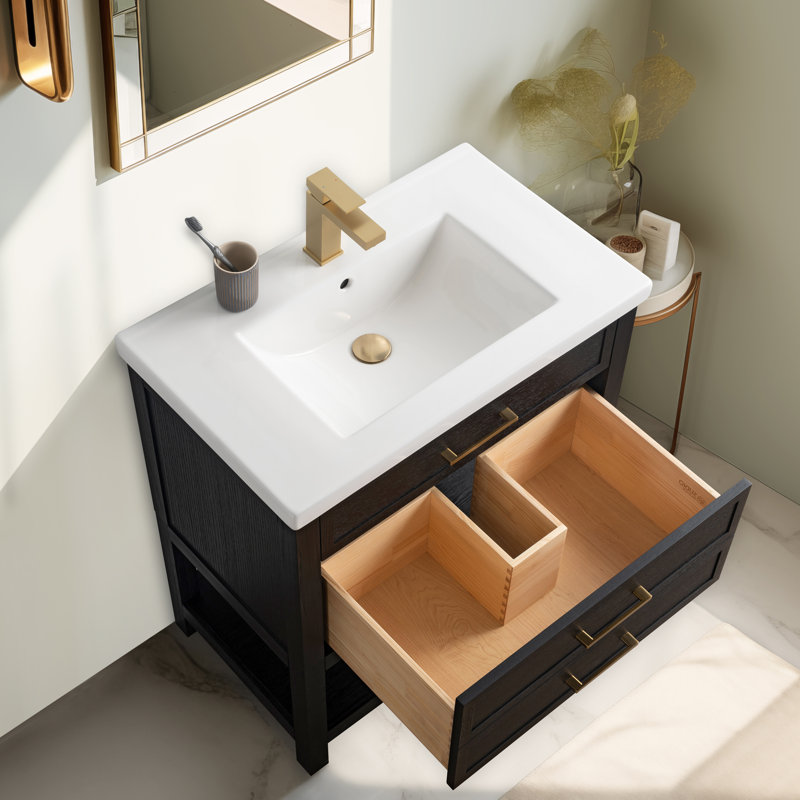 Meuble-lavabo simple 30 po avec plateau en céramique Stratford, Chêne noir / or brossé