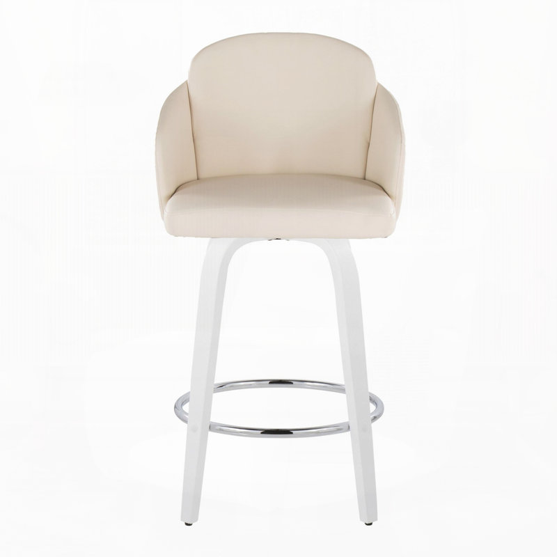 Tabouret de bar pivotant à hauteur fixe en bois blanc et similicuir crème avec repose-pieds ronds chromés, lot de 2