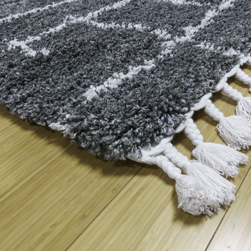 Tapis à poil long abstrait gris / ivoire Limmet Marileen, Rectangle 6 pi 6 po x 9 pi 6 po
