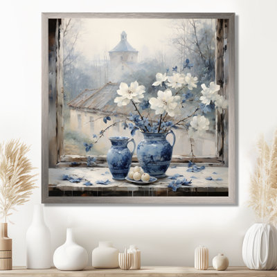 White and blue Antique floral window charm - Farm Windows Wall Art