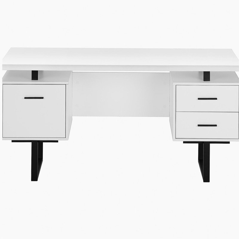 Computer Desk, Home Office, Laptop, Left, Right Set-up, Storage Drawers, 60"l, Work, White Laminate, Black Metal, Contemporary, Modern