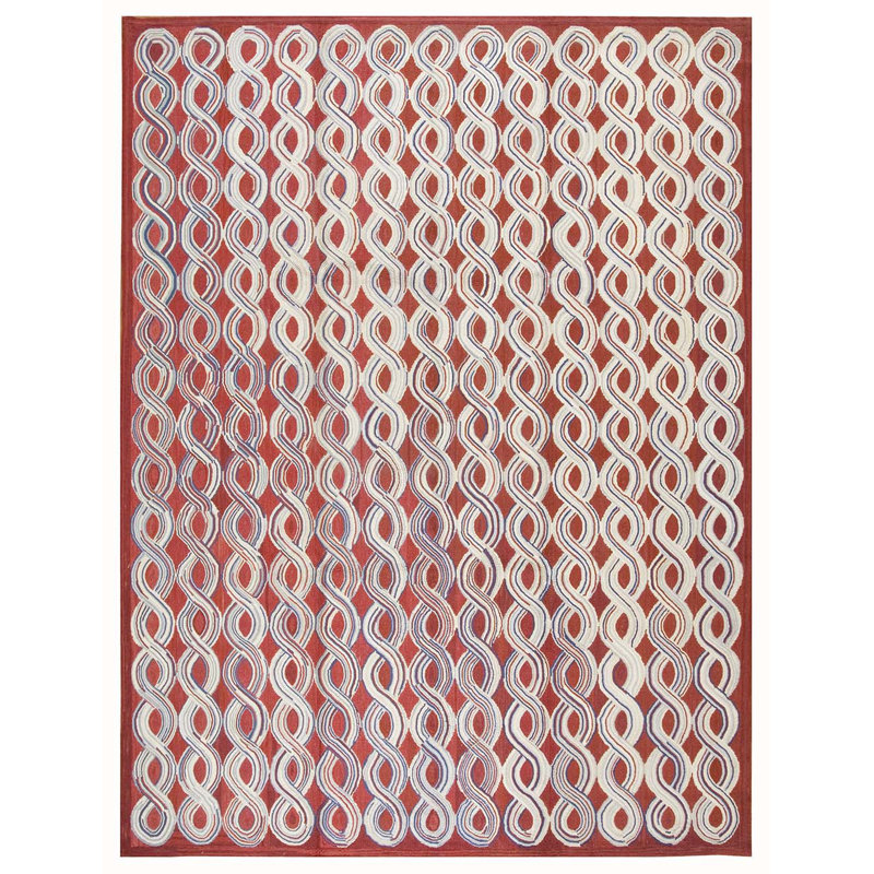 Tapis rouge / blanc en laine noué à la main de conception unique 9 pi x 12 pi