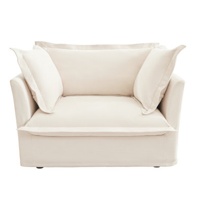 Fauteuil avec assise profonde. Chenille crème, housse amovible pour les grands coussins de dossier et les coussins décoratifs. Confort d'assise. Tissu chenille, look élégant