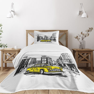 Ambesonne Sketchy Bedspread Set Cab in New York City Black Taupe Yellow -  bed_29775_twin