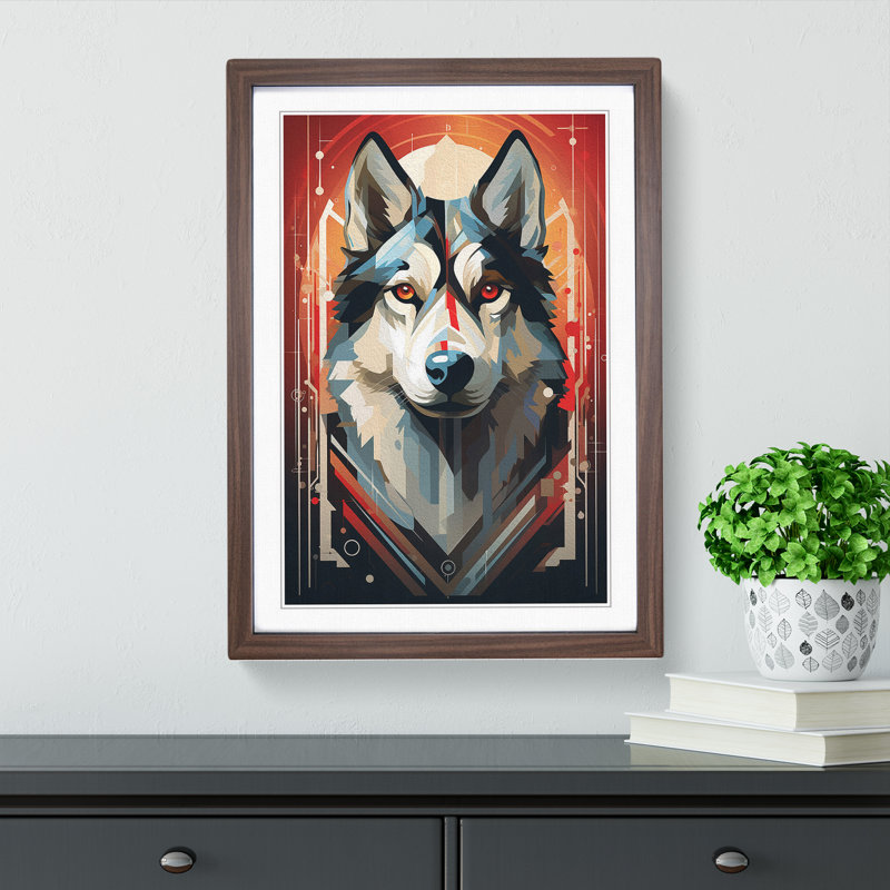 Husky Art Deco No.2 - Single Picture Frame Print on Wood, 64cm H x 46cm W x 2cm D, Walnut