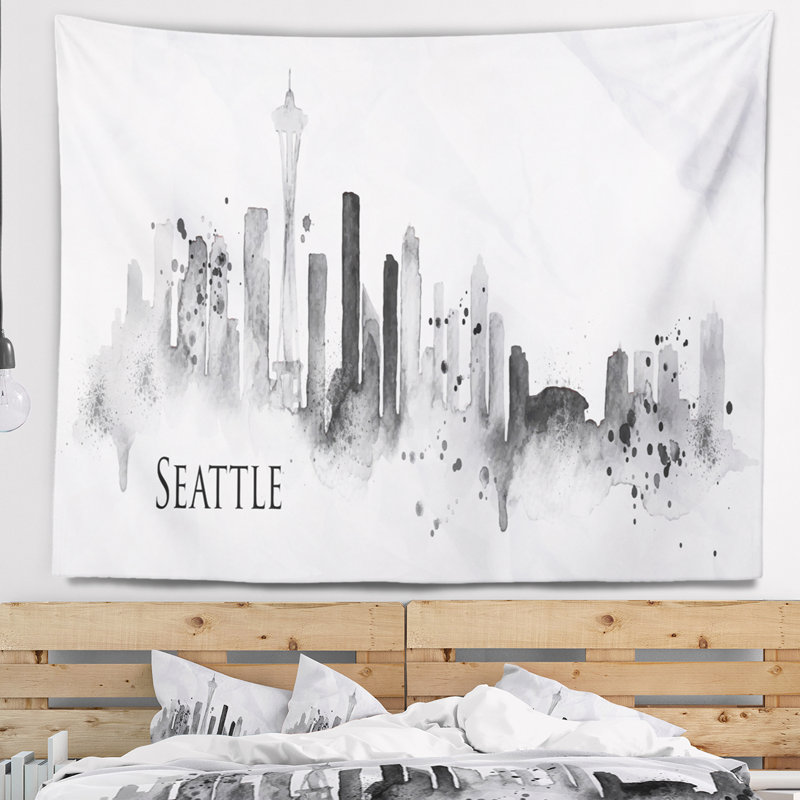 Tapisserie black silhouette cityscape seattle, H 32 po x l 39 po
