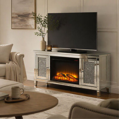 Meuble télé Noralie avec foyer, miroir et faux diamants pour salon