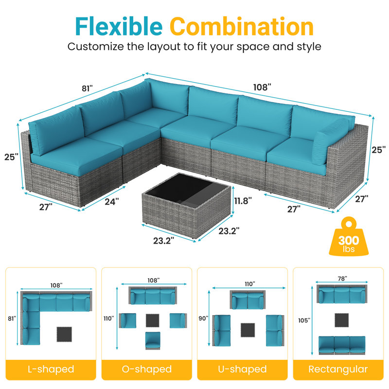 Wicker 6 - Person Modular Patio Conversation Set with Cushions, Gray Frame/Light Blue Cushion