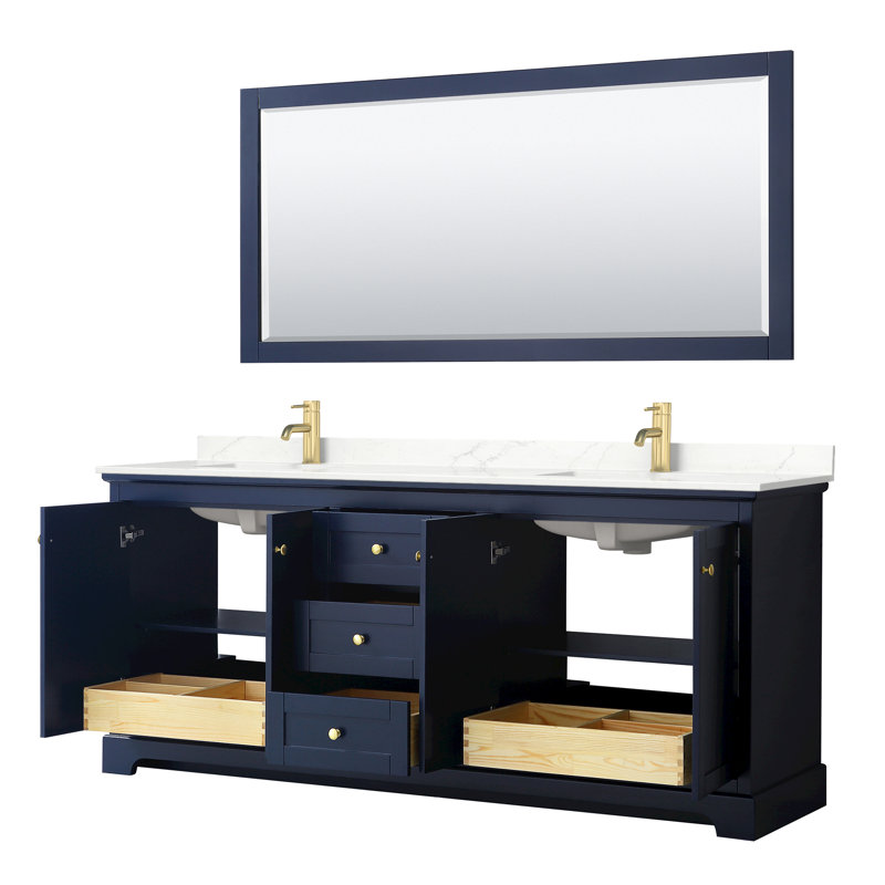 Meuble-lavabo double autoportant avec plateau Avery, Giotto Quartz, Bleu foncé, Or brossé