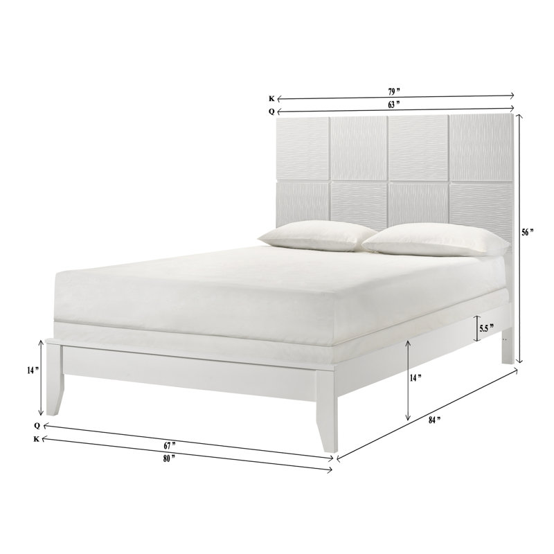 Lit grand contemporain de 1 pièce, tête de lit à panneau géométrique, finition blanche, façade texturée, style de chambre à coucher en bois, cadre de lit,