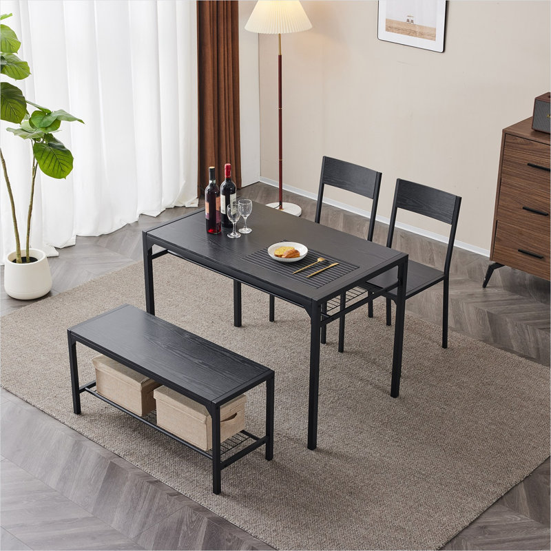 Ensemble de table et de chaises de cuisine en MDF et métal, 110 x 65 x 76 cm, avec rangement et structure en métal.