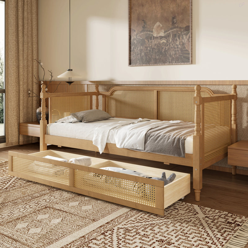 Lit de jour en rotin de style traditionnel avec 2 tiroirs pour un espace limité, chambre d'amis, aucun sommier nécessaire